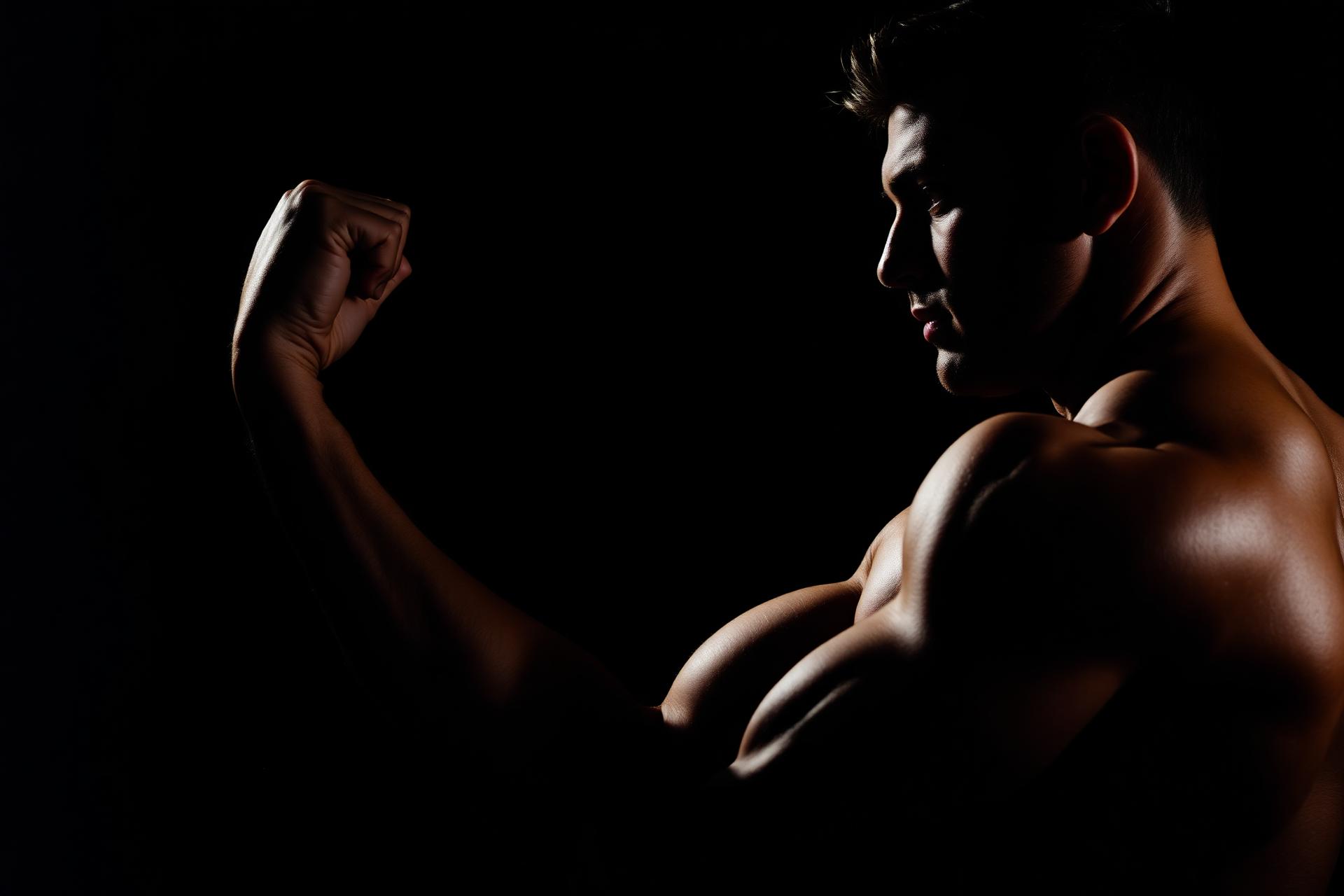 Muscular athlete flexing under dramatic studio lighting